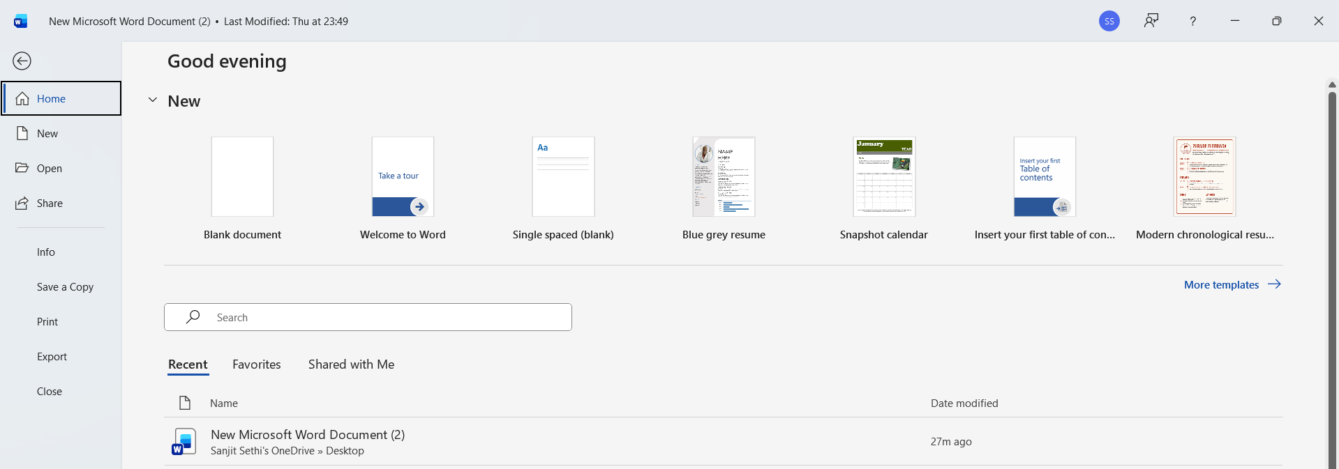 MS Word Back Stage View